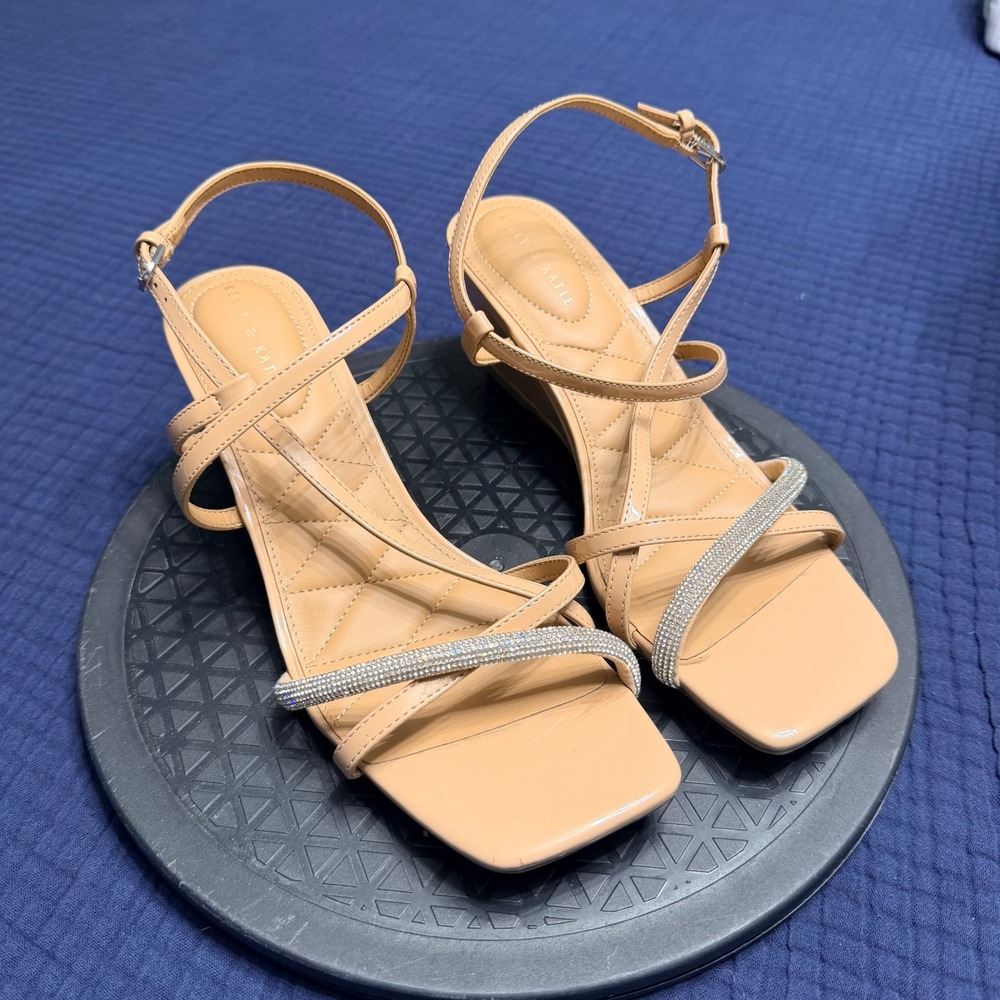 Kelly & Katie Women's 9W Nude Patent Rhinestone Strappy Square Toe Wedge Sandals